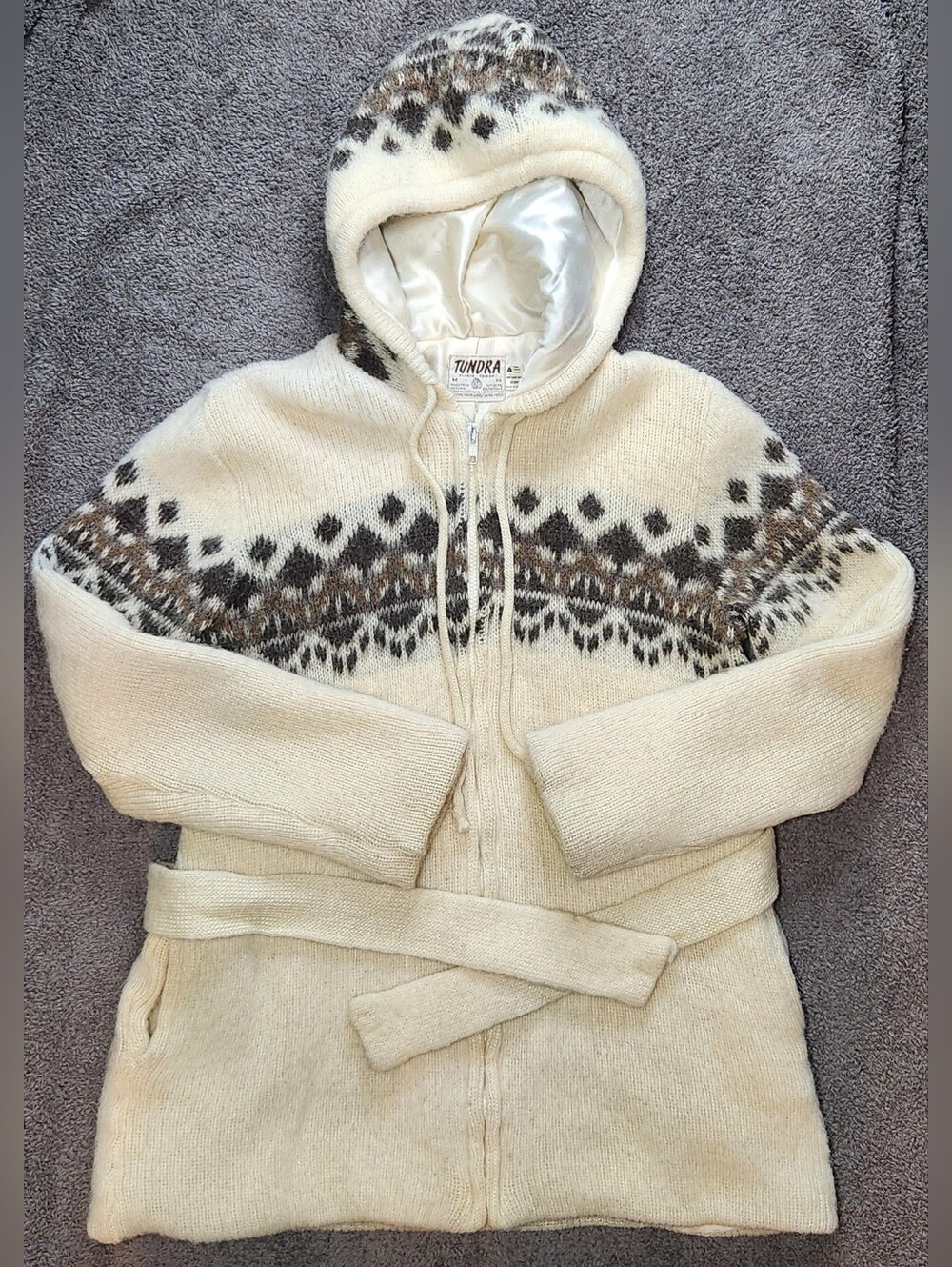 Vintage Tundra Canada Ivory Zip Up Hooded Wool Sweater Medium VTG 1970s